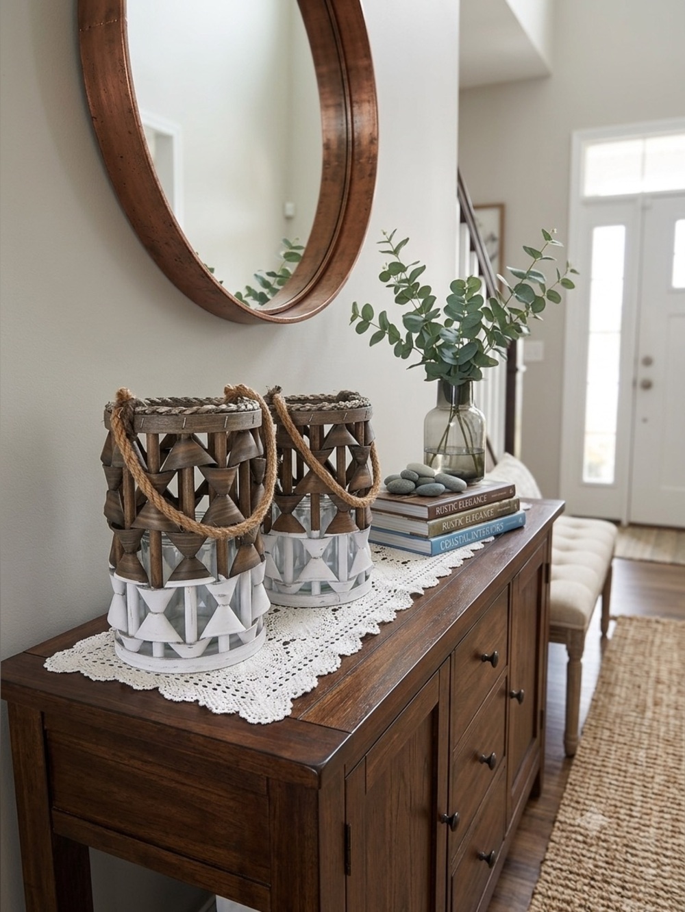 Rustic Two-Tone Wooden effect  Rope Lanterns - Brown & White x 2